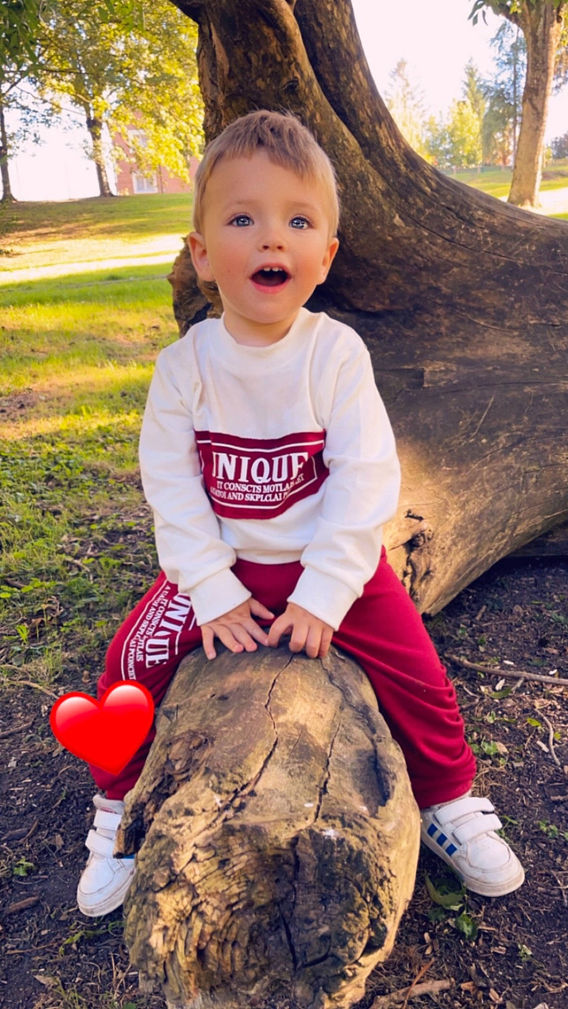 Nyno participe au concours pour gagner de l'argent avec cette photo : baby_toddler_clothing, blond, child, facial_expression, fun, grass, hairstyle, happy, leisure, nature, people_in_nature, person, plant, sitting, sleeve, smile, t_shirt, toddler, tree, trunk