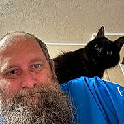 Binx is registered to the contest to win money with this photo: beard, blue_shirt, black_cat, cat, man, portrait, indoor, ceiling, wide_eyes, pet, shoulder, fur, animal, human, expression, closeup, texture, casual, friendship, companion