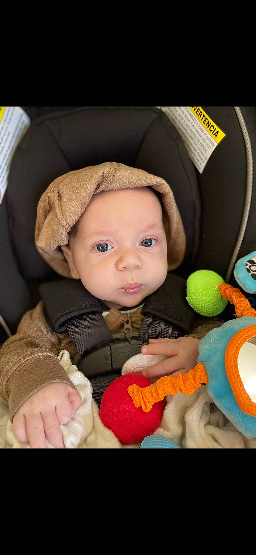 August is registered to the contest to win money with this photo: baby, baby_carriage, baby_playing_with_toys, baby_products, baby_safety, baby_toddler_clothing, cheek, child, comfort, facial_expression, finger, hand, happy, headgear, mouth, nose, person, product, skin, sleeve