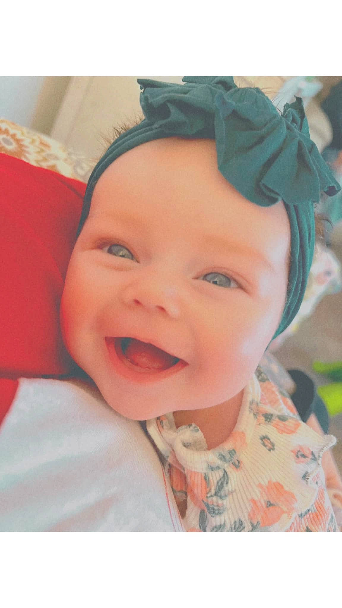 Jaylee is registered to the contest to win money with this photo: baby, baby_laughing, cheek, chin, eye, eyebrow, eyelash, forehead, fun, hair_accessory, happy, head, headgear, headpiece, headwear, iris, lip, person, pink, skin