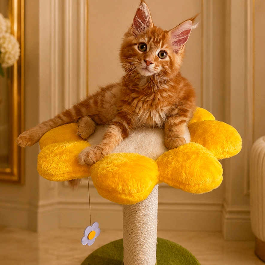 Daisy joined the competition — help win amazing prizes! cat, kitten, orange_cat, pet, flower_shaped_perch, cat_perch, indoor, furniture, floor, curious, cute, animal, mammal, whiskers, ears, feline, domestic_cat, relaxed, home, yellow