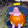 baby, pumpkin, carved_pumpkin, autumn, hay, leaves, outdoor, child, cute, fall, orange, person, hand, costume, seasonal, nature, funny, holiday, celebration, smiling