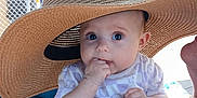Elliana joined the competition — help win amazing prizes! baby, child, hat, sunhat, outdoor, shoulder, person, fence, trees, daylight, skin, face, eyes, hand, clothing, wood, table, summer, shade, curious