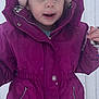 toddler, child, winter_clothing, coat, hat, pink_hat, magenta_coat, snow, outdoor, cold_weather, blue_eyes, face, young_child, curious_expression, standing, zipper, button, knit_hat, winter, person