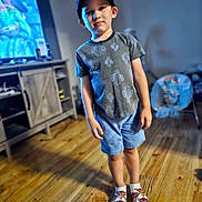 Za'Mar joined the competition — help win amazing prizes! boy, child, clothing, computerhardware, electronics, entertainmentcenter, face, footwear, hardware, hardwood, male, monitor, pants, person, screen, shoe, shorts, sneaker, tv, wood