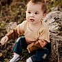 Wes is registered to the contest to win money with this photo: autumn, baby, casual_clothing, child, curious, exploring, expression, face, grass, hair, jeans, nature, outdoor, person, sitting, sweater, toddler, tree_stump, white_socks, young_child