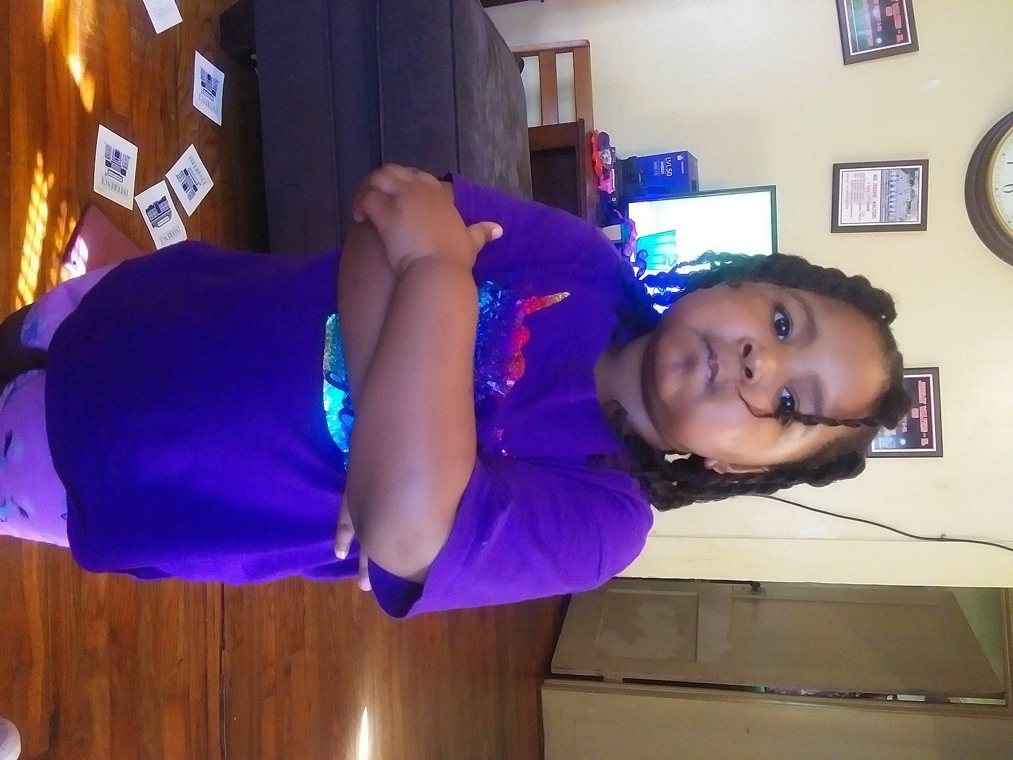 Aliyana joined the competition — help win amazing prizes! arm, clock, curtain, elbow, electric_blue, event, fun, human_leg, joint, magenta, person, picture_frame, purple, room, smile, sportswear, t_shirt, thigh, toddler, trunk