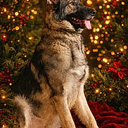 Jax is registered to the contest to win money with this photo: dog, german_shepherd, sitting, holiday, christmas, festive, lights, bokeh, red_blanket, greenery, poinsettia, tongue_out, pet, animal, portrait, indoors, decorations, furry, canine, happy