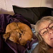 Sawyer joined the competition — help win amazing prizes! woman, dog, blanket, glasses, smile, indoor, bed, pillow, sleeping_dog, curled_up, cozy, relaxed, person, head, face, resting, casual, comfort, fur, pet