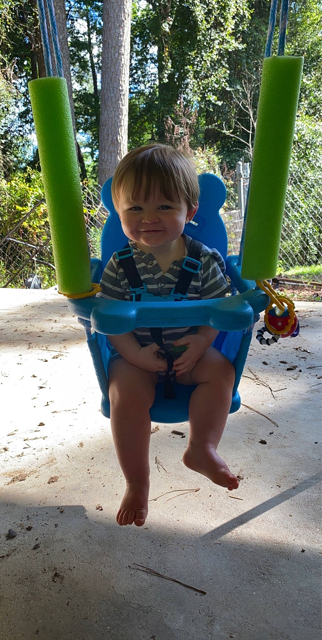 Kohen joined the competition — help win amazing prizes! barefoot, child, fun, joy, leg, leisure, outdoor_play_equipment, person, play, playground, public_space, recreation, shorts, smile, summer, swing, toddler, tree, vacation