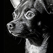 Willow participe au concours pour gagner de l'argent avec cette photo : alert, animal, black_and_white, canine, close_up, dark_background, dog, dramatic_lighting, gazing, high_contrast, large_eyes, nose, pet, photography, pointy_ears, portrait, puppy, short_hair, sitting, whiskers
