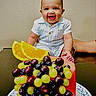 baby, blueberries, child, clothing, colorful, cute, food, fruit, grapes, happy, healthy, indoor, infant, orange_slices, person, plate, portrait, smile, table, watermelon
