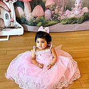 Amyra joined the competition — help win amazing prizes! toddler, child, pink_dress, princess, bow, floor, wooden_floor, mushrooms, backdrop, bunny, fairy_tale, cute, portrait, indoor, decor, flowers, sitting, young_child, dress, adorable