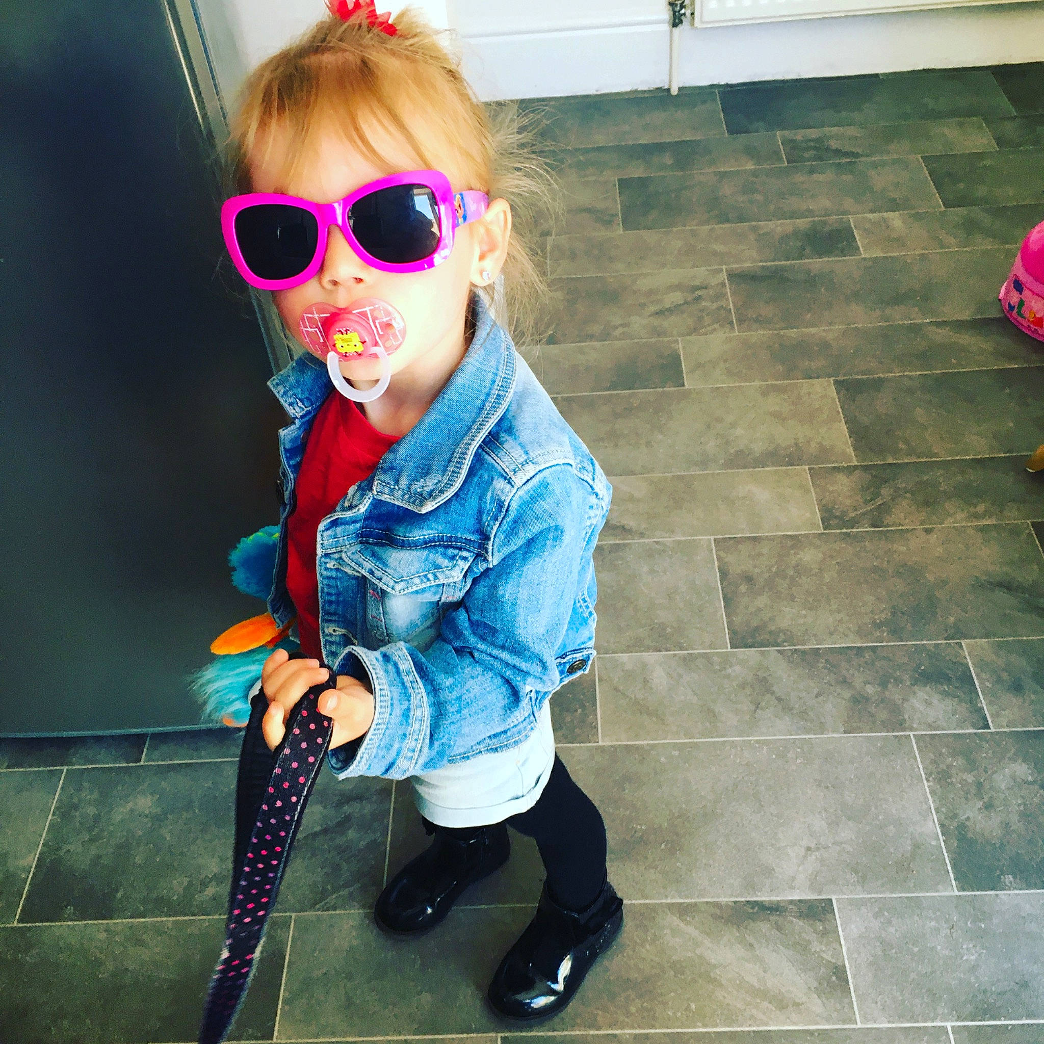 Layla-mae joined the competition — help win amazing prizes! blond, child, cool, denim, eyewear, fashion, footwear, glasses, jacket, jeans, joint, leg, lip, outerwear, person, pink, shoulder, snapshot, sunglasses, toddler