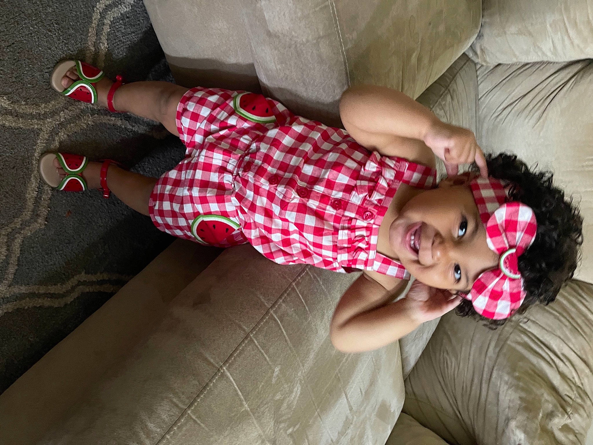 Paris joined the competition — help win amazing prizes! baby, child, comfort, couch, dress, happy, headwear, human_leg, knee, magenta, pattern, person, plaid, skin, sock, tartan, textile, thigh, toddler, tree