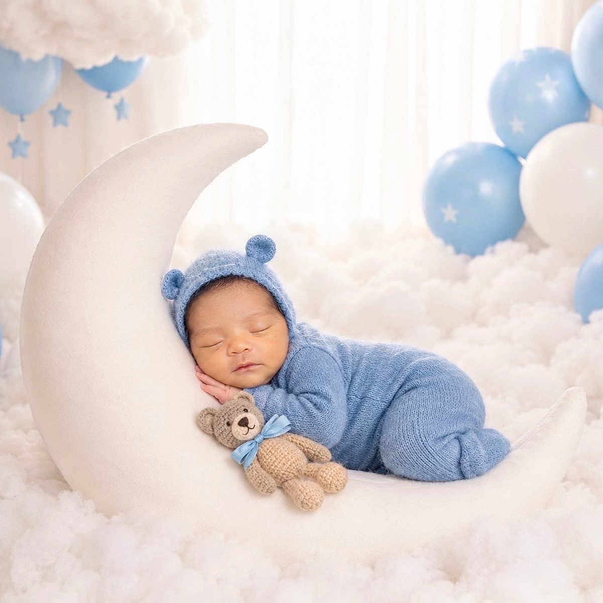 Basthian is registered to the contest to win money with this photo: newborn, baby, sleeping, portrait, blue_outfit, knitted_hat, pom_pom_hat, crescent_moon, teddy_bear, clouds, balloons, nursery, studio_photo, cozy, peaceful, infant, soft_lighting, dreamy, white_background, star_decorations