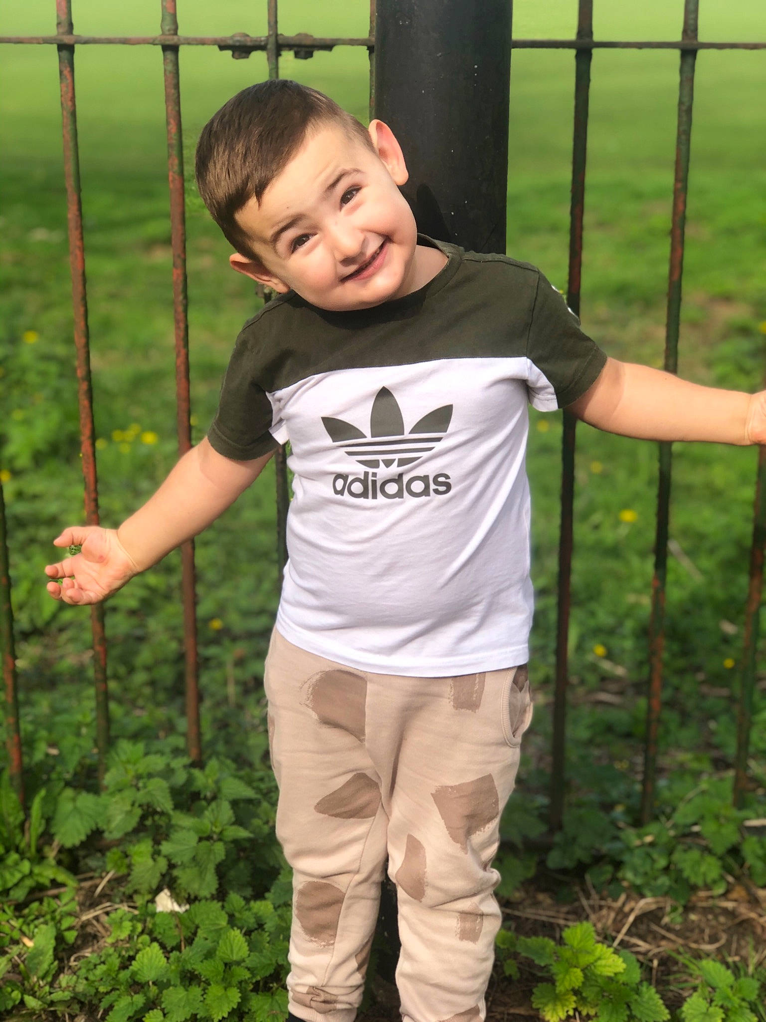 Denis is registered to the contest to win money with this photo: baby, baby_toddler_clothing, child, fence, fun, grass, happy, joy, leaf, people_in_nature, person, plant, shorts, sleeve, smile, soil, standing, sweatpant, t_shirt, terrestrial_plant