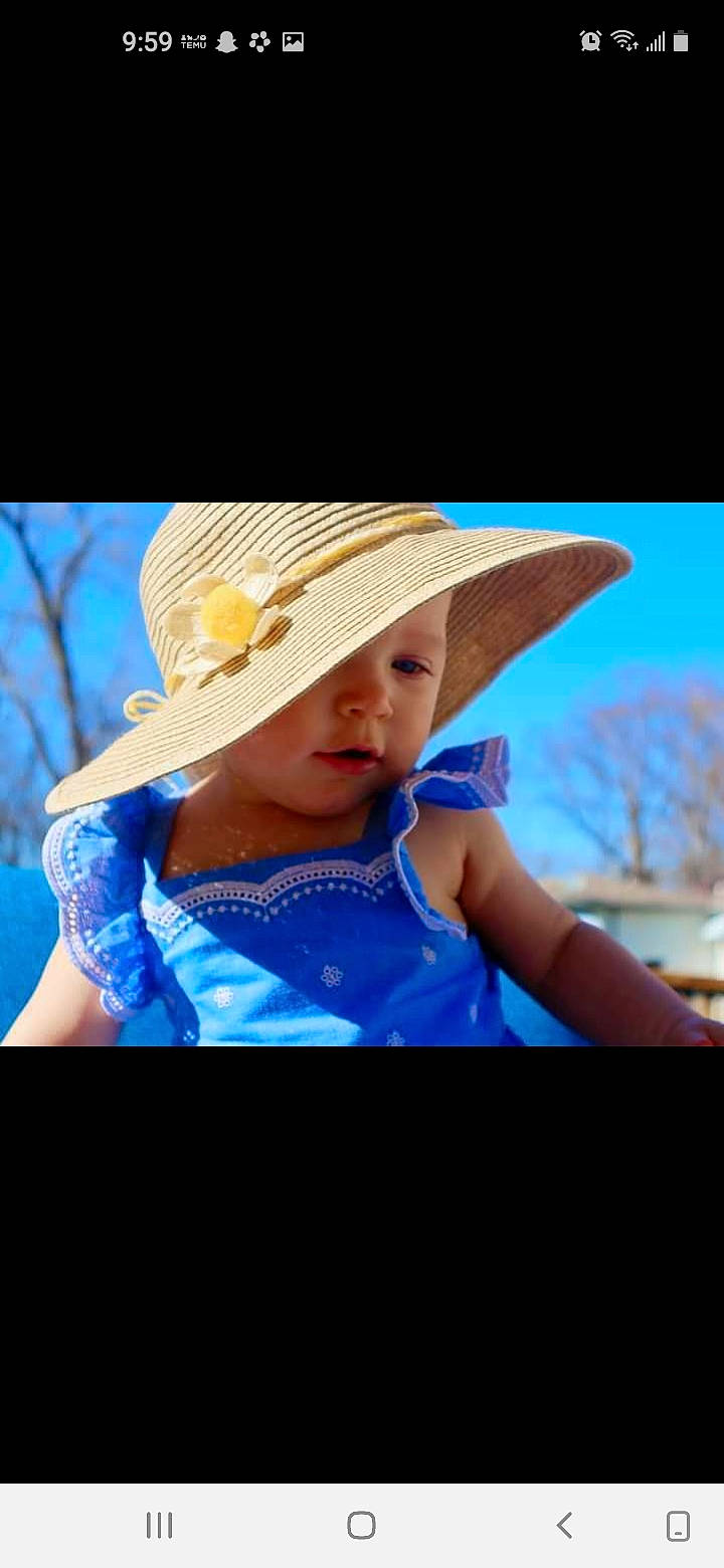 Scarlett joined the competition — help win amazing prizes! baby, baby_toddler_clothing, cap, cool, electric_blue, eye, face, flash_photography, fun, gesture, grass, happy, hat, headgear, headwear, human_body, people_in_nature, person, sky, sun_hat