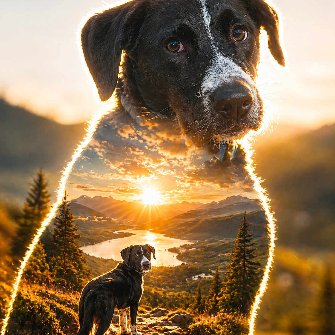 Akira participe au concours pour gagner de l'argent avec cette photo : dog, double_exposure, sunset, mountain, landscape, nature, trail, forest, river, sky, clouds, sun, outdoor, animal, portrait, scenery, golden_hour, pet, adventure, beautiful