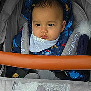 Chearlie joined the competition — help win amazing prizes! baby, child, stroller, jacket, hood, face, infant, clothing, blue, dinosaur_pattern, blanket, seatbelt, portrait, person, cute, bundle, outdoor, warm, expression, wide_eyes