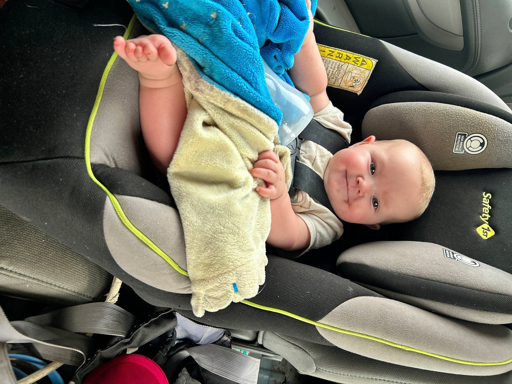 Gracelynn joined the competition — help win amazing prizes! auto_part, automotive_design, baby, baby_carriage, baby_in_car_seat, blue, car, car_seat, car_seat_cover, comfort, green, head_restraint, joy, motor_vehicle, person, product, seat_belt, steering_part, toddler, vehicle_door