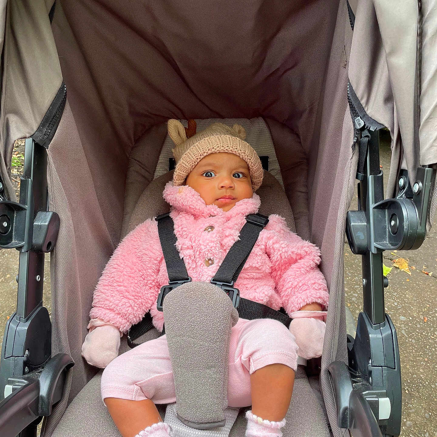 Lakshmi joined the competition — help win amazing prizes! baby, baby_accessories, baby_clothing, child, cloth, curious_expression, fabric, footwear, hat, infant, mittens, outdoor, person, pink_jacket, portrait, seatbelt, sitting, socks, stroller, urban