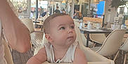 Louis a rejoint le concours — aidez-le/la à gagner de superbes lots ! baby, high_chair, menu, restaurant, table, chair, indoor, child, person, curious, wood_floor, dining_area, lighting, ceiling_fan, glass, people, casual_clothing, interior, food_menu, daylight