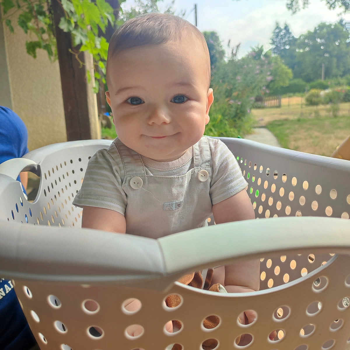 Louis a rejoint le concours — aidez-le/la à gagner de superbes lots ! baby, basket, child, clothing, cute, daylight, face, greenery, happy, head, infant, laundry_basket, nature, outdoor, person, playful, portrait, short_sleeve, smile, summer