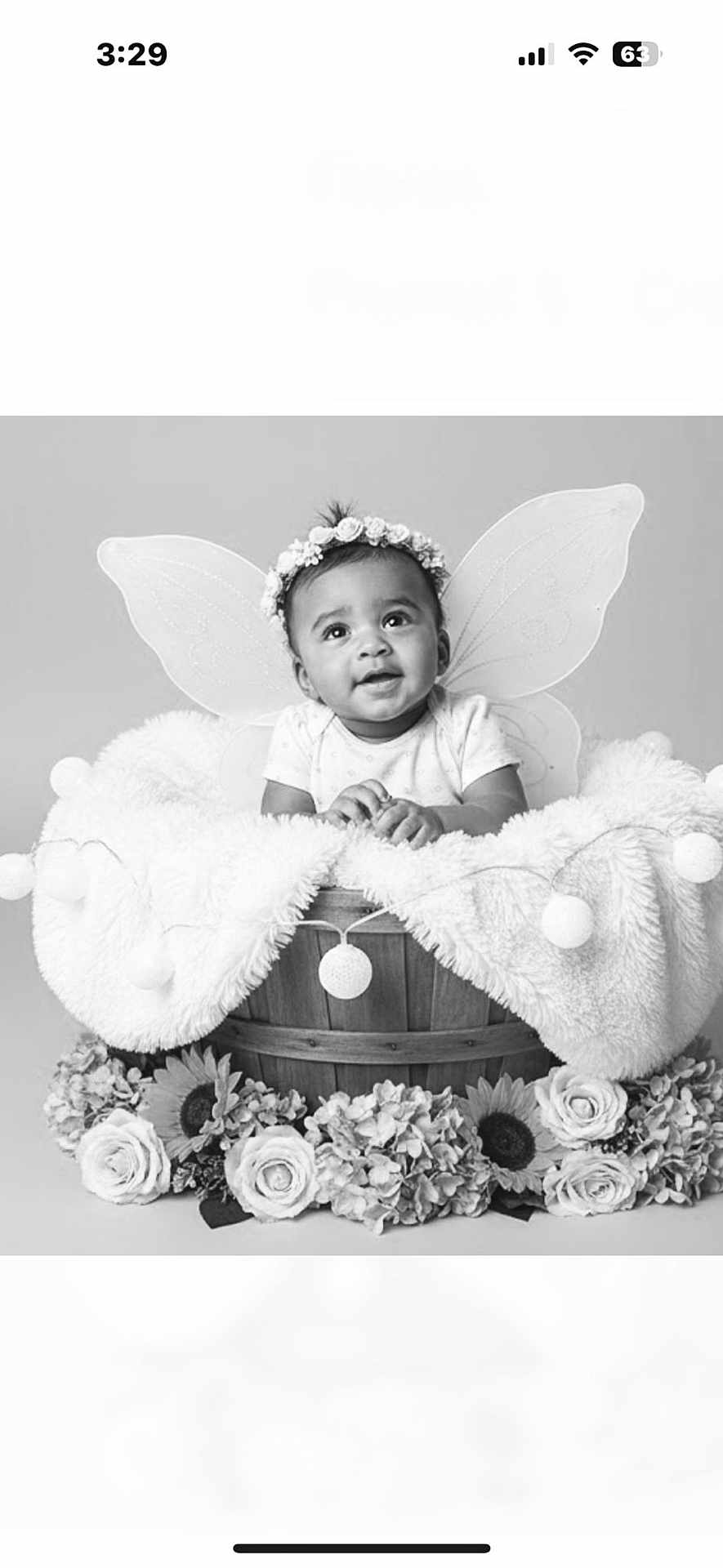 Nel joined the competition — help win amazing prizes! baby, infant, fairy_wings, flower_headband, basket, blanket, flowers, portrait, cute, smiling, black_and_white, studio, child, adorable, soft_texture, decorative, young_child, posing, happy, innocent