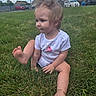Brayleanna is registered to the contest to win money with this photo: toddler, child, baby, outdoor, grass, sitting, barefoot, portrait, face, hair, white_shirt, clothing, cupcake_design, playful, curious, residential_area, cars, houses, clouds, sunlight