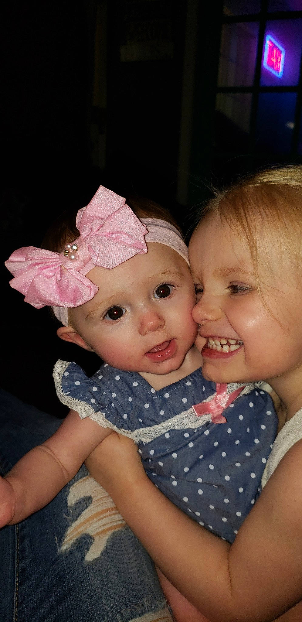 Allie joined the competition — help win amazing prizes! baby, cheek, child, daughter, fun, hair_accessory, head, headgear, interaction, joy, lip, pattern, person, pink, sibling, skin, smile, toddler