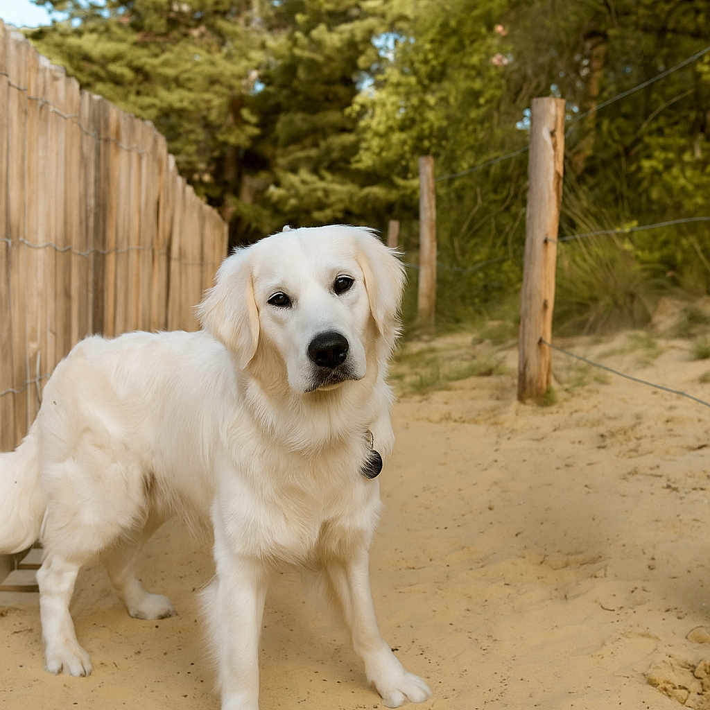 Mido participe au concours pour gagner de l'argent avec cette photo : animal, canine, collar, curious, cute, daylight, dog, fence, forest, golden_retriever, greenery, nature, outdoor, path, pet, sand, standing, trees, white_dog, wooden_fence