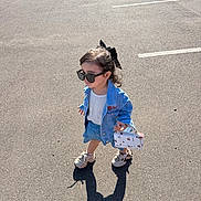 Aranza Sofía Suárez joined the competition — help win amazing prizes! child, girl, outdoor, parking_lot, sunglasses, denim_jacket, denim_skirt, bow, handbag, cherries, shoes, fashion, street_style, sunlight, shadow, asphalt, cars, portrait, standing, full_body
