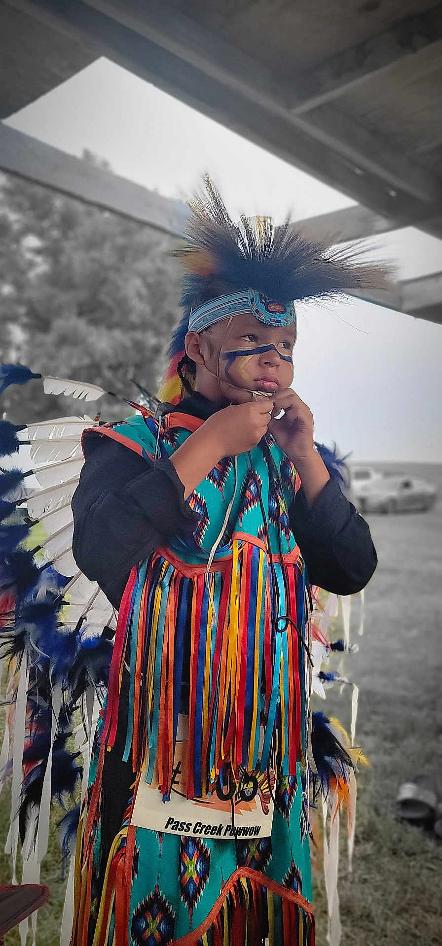 Braxton is registered to the contest to win money with this photo: child, traditional_clothing, powwow, feathers, headdress, face_paint, colorful, fringes, outdoor, grass, person, portrait, headband, cultural, festival, costume, young, expression, event, nature