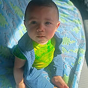 Oliver is registered to the contest to win money with this photo: baby, child, infant, sitting, blue_clothing, green_shirt, blanket, dinosaur_pattern, indoors, natural_light, cute, portrait, face, feet, hands, curious, young_child, soft_light, casual_clothing, floor