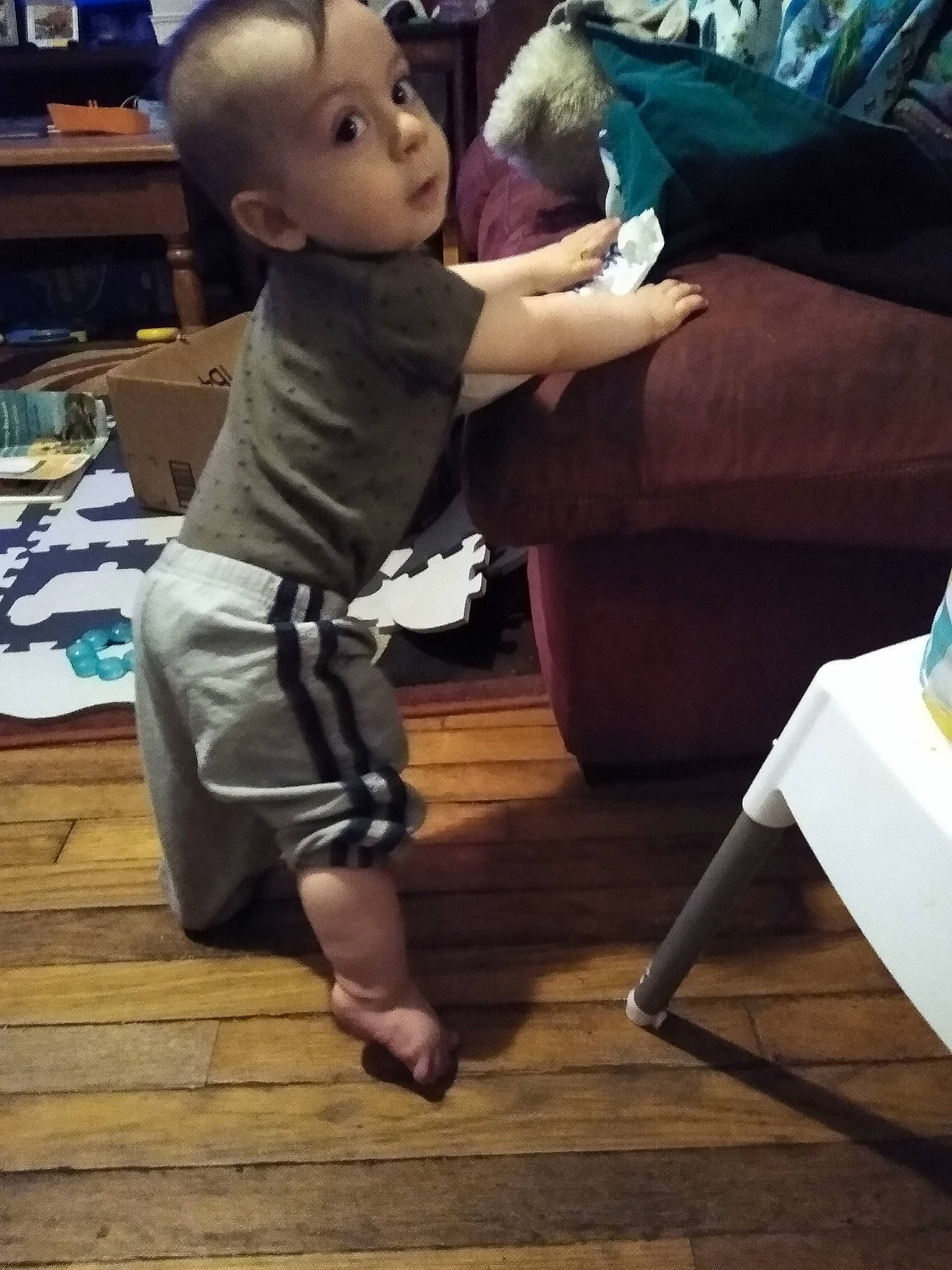 Zaydyn is registered to the contest to win money with this photo: ankle, baby, baby_toddler_clothing, barefoot, deck, floor, flooring, foot, hardwood, laminate_flooring, person, play, plush, shelf, stuffed_toy, surprise, toddler, toe, toy, wood