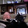 man, cat, black_cat, glasses, couch, blanket, indoor, furniture, wooden_cabinet, vintage, relaxed, pet, cozy, resting, home, living_room, curtains, sitting, face, animal