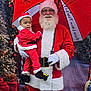 child, toddler, santa_claus, christmas, holiday, red_clothing, beard, glasses, umbrella, festive, winter, decorations, presents, tree, costume, smile, outdoor, person, celebration, background