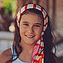 child, girl, smile, headscarf, portrait, outdoor, face, happy, long_hair, fashion, colorful, young, person, warm_light, casual, headwear, closeup, natural_light, people, summer