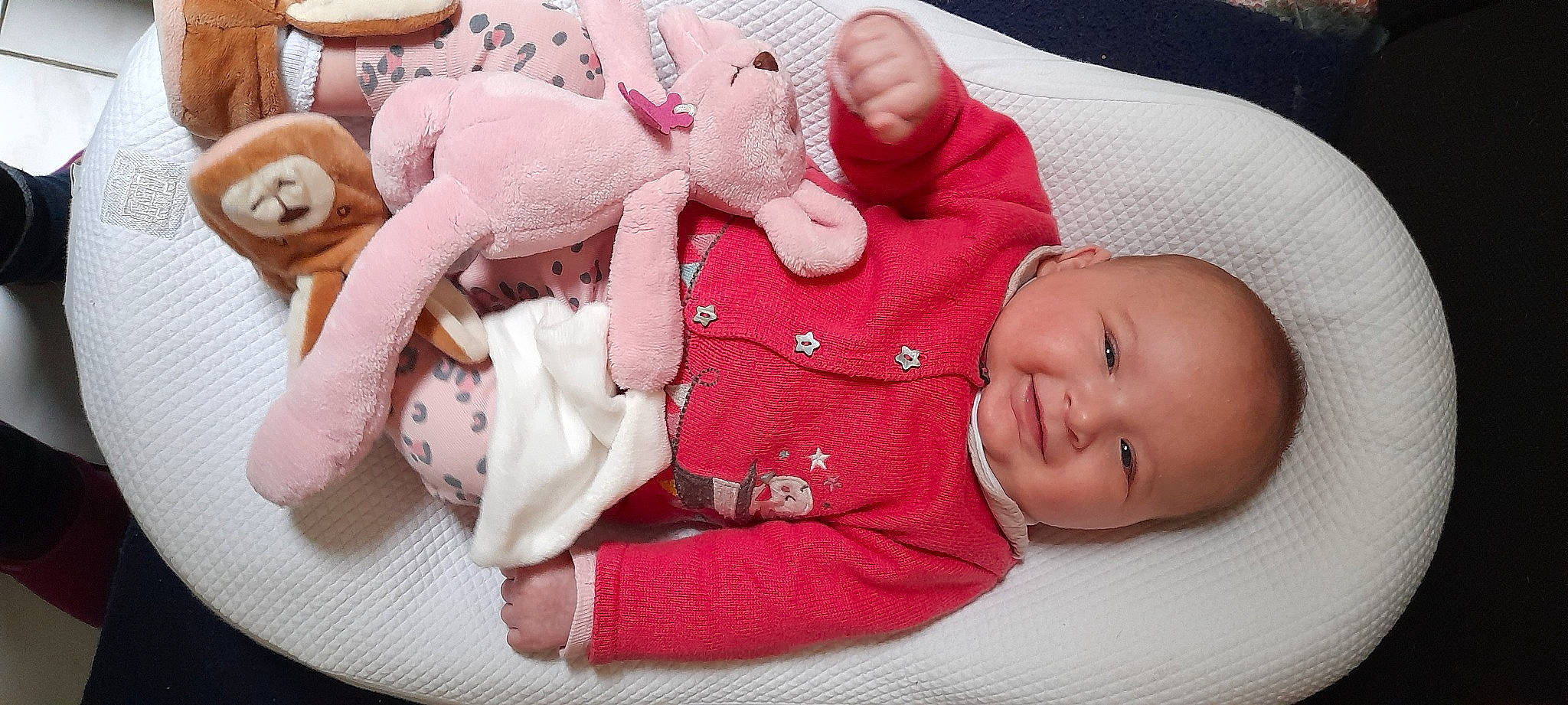 Félicia a rejoint le concours — aidez-le/la à gagner de superbes lots ! baby, baby_products, baby_sleeping, baby_toddler_clothing, carmine, cheek, child, comfort, finger, hand, joy, linens, nail, pattern, person, pink, skin, smile, stuffed_toy, toddler