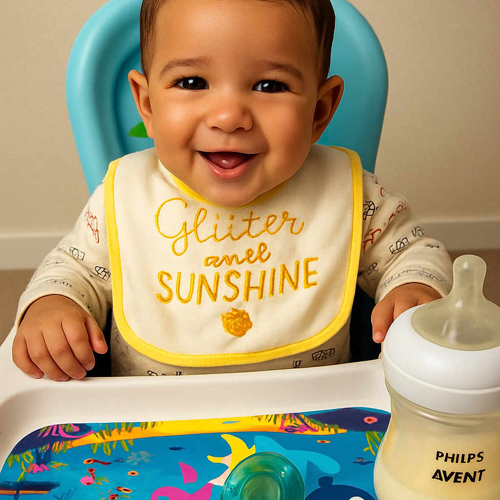 Sidi Baba is registered to the contest to win money with this photo: baby, baby_food, bib, child, colorful_placemat, cute, face, feeding_time, happy, high_chair, indoor, infant, milk_bottle, nursery, pacifier, person, smiling, table, toy, young_child