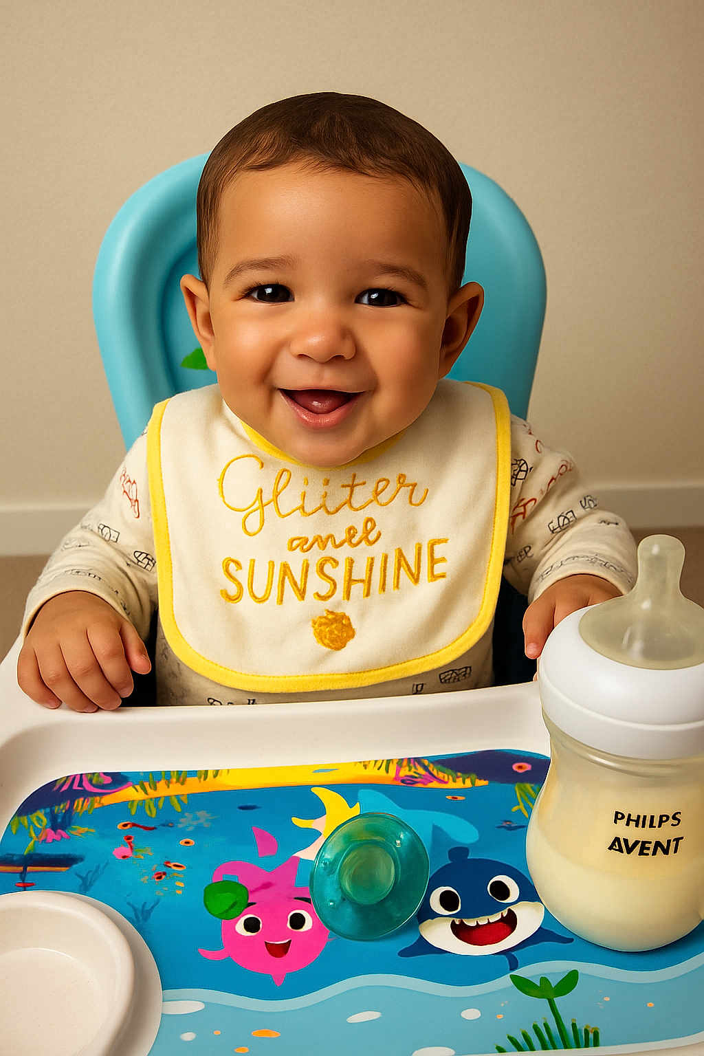 Sidi Baba is registered to the contest to win money with this photo: baby, smiling, high_chair, bib, milk_bottle, pacifier, colorful_placemat, indoor, child, cute, happy, feeding_time, infant, face, person, young_child, table, toy, baby_food, nursery