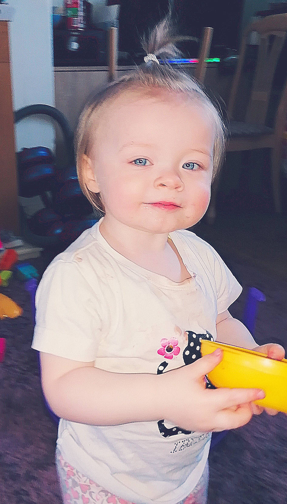Kaitlyn joined the competition — help win amazing prizes! baby_toddler_clothing, cheek, child, facial_expression, finger, fruit, fun, happy, head, iris, lip, nose, orange, person, pink, plant, skin, smile, t_shirt, toddler