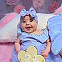 baby, infant, smiling, headband, dress, purple, flower, sign, 3_months, cute, portrait, indoor, soft_texture, pink, background, child, happy, sitting, young, celebration