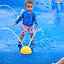 child, toddler, water_play, splash_pad, water_jets, blue_shirt, pink_shorts, yellow_dome, curly_hair, barefoot, outdoor, summer, playground, fun, active, kids, water_splash, recreation, daytime, young_child