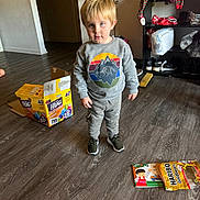 Oliver joined the competition — help win amazing prizes! toddler, child, indoor, floor, sneakers, sweatshirt, dinosaur, box, snacks, dog, shelf, clothing, wood_floor, toy, book, person, curious, standing, household, messy