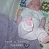 baby, infant, blanket, crochet, headband, bow, foot, towel, warning_sign, clothing, lying_down, indoors, cute, soft_toys, pastel_colors, cozy, child, text_overlay, calm, relaxed