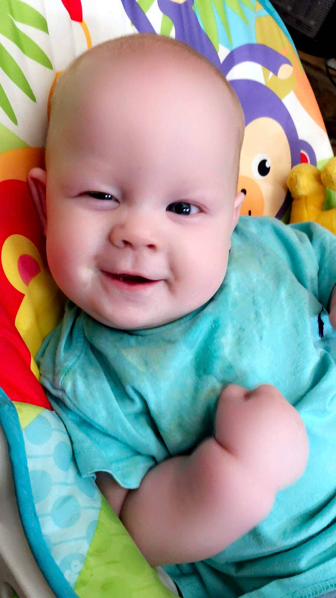Hayden joined the competition — help win amazing prizes! baby, baby_toddler_clothing, blue, cheek, chin, eye, eyebrow, facial_expression, happy, head, iris, mammal, mouth, nose, person, product, skin, sleeve, smile, textile