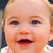 Addison joined the competition — help win amazing prizes! baby, infant, child, close_up, portrait, smiling, happy, open_mouth, blue_eyes, rosy_cheeks, light_hair, pink_clothing, checkered_pattern, face, eyes, nose, mouth, indoor, soft_lighting, photography