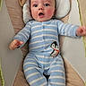 baby, infant, onesie, blue_stripes, penguin_patch, cushion, lounger, child, cute, portrait, smiling, indoor, soft_toys, sleeping_bed, apparel, expression, person, small_child, warm, comfortable